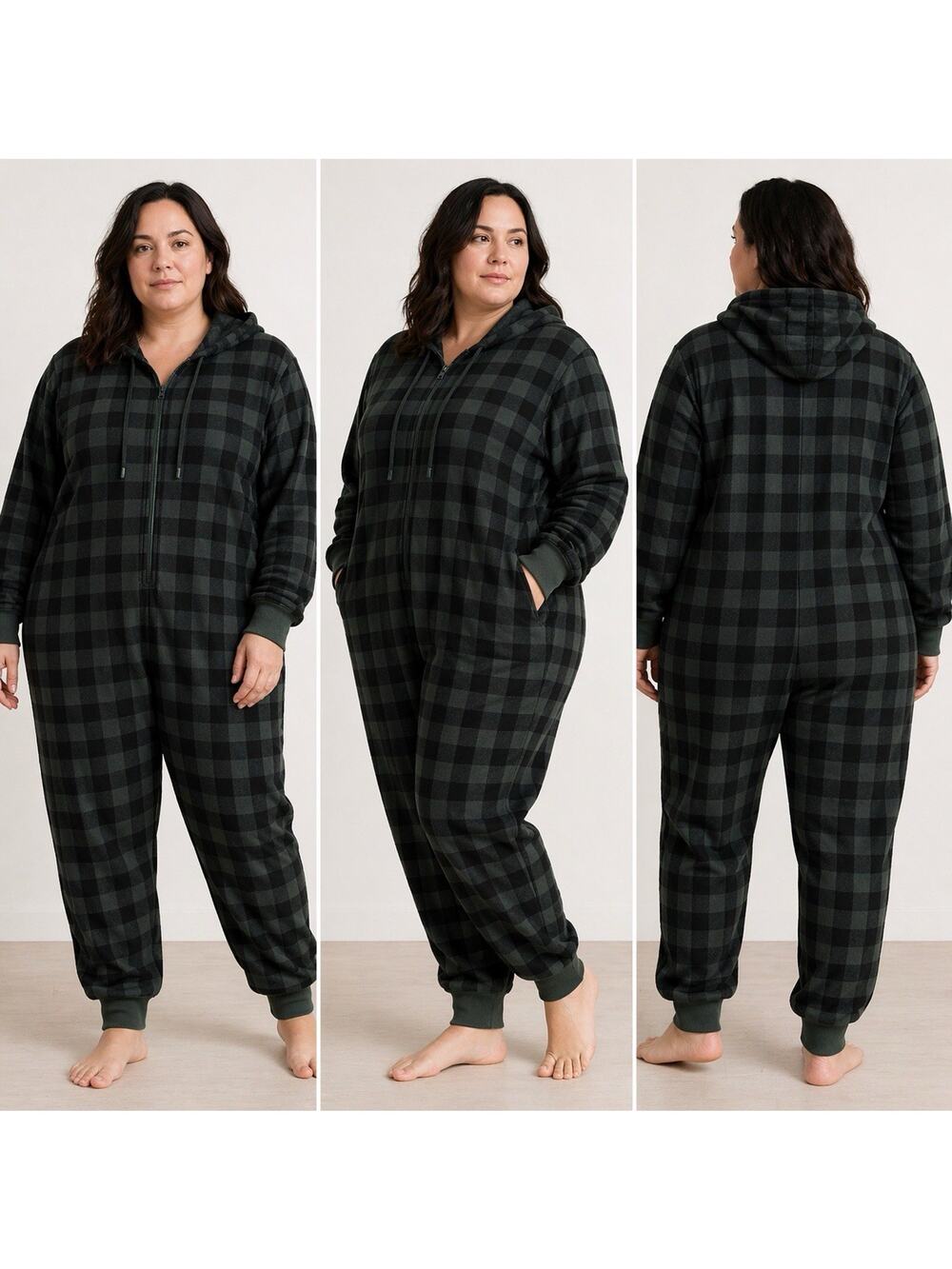 Fabletics Cozy Fleece Hooded One Piece Women’s 2X Everpine Buffalo Check‎ NWT